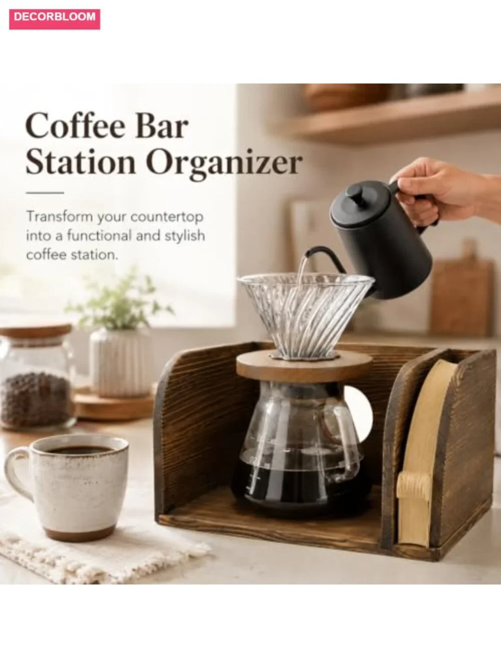 Solid Wood Coffee Bar Organizer Station with Cord Hole for Kitchen Counter